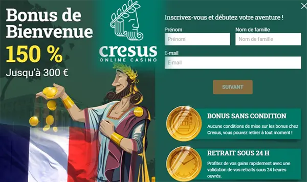 Interface du bonus Cresus Casino montrant les offres de bienvenue et les tours gratuits